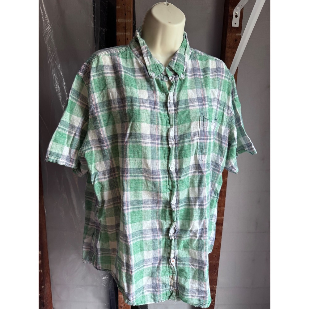 Weatherproof Vintage Mens XL Green Plaid Washable Linen Short Sleeve Shirt